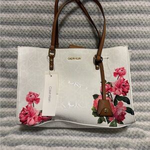 Calvin Klein White Tote with Pink Floral Design